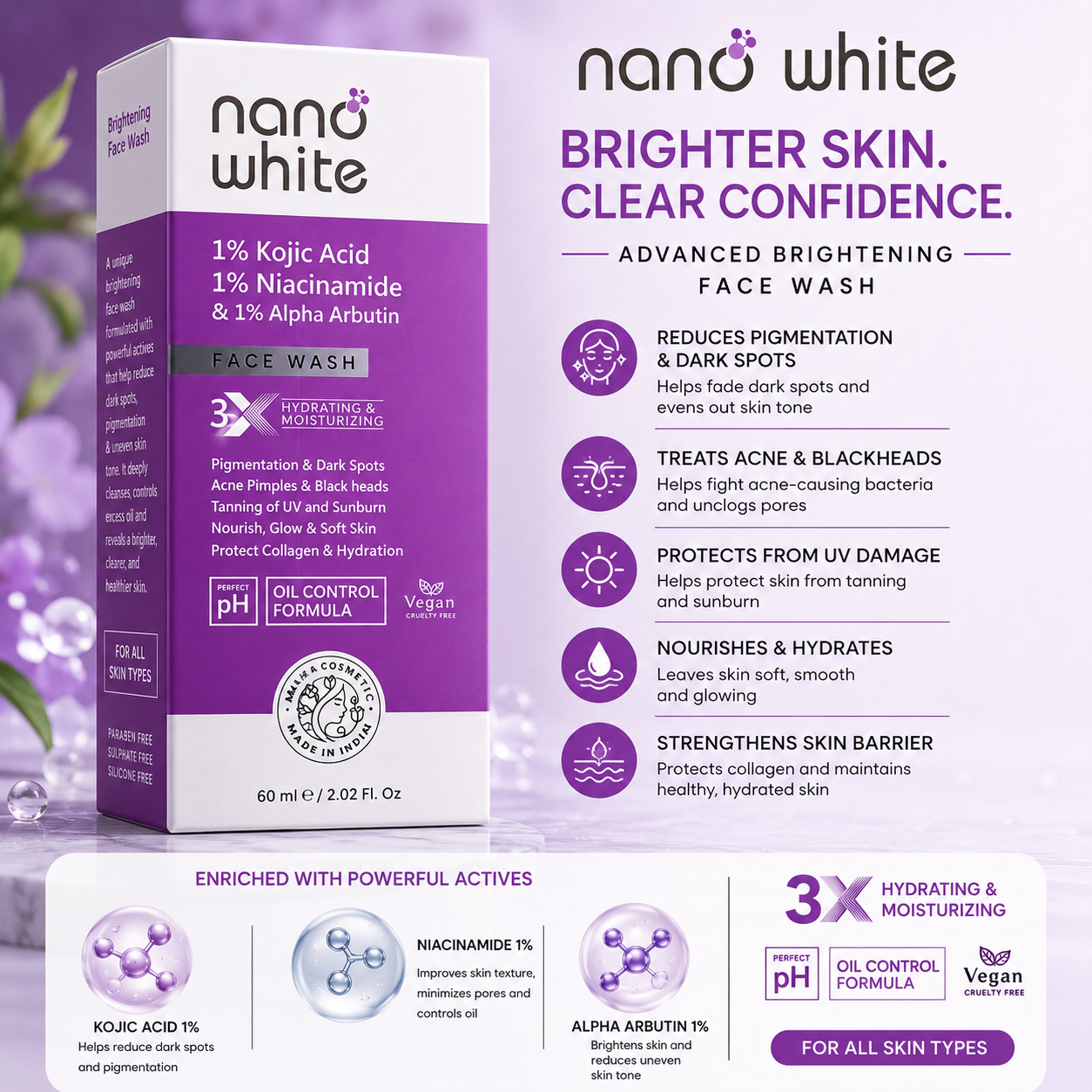 Nano White Face Wash – 1% Kojic Acid, 1% Niacinamide & 1% Alpha Arbutin | 60 ml
