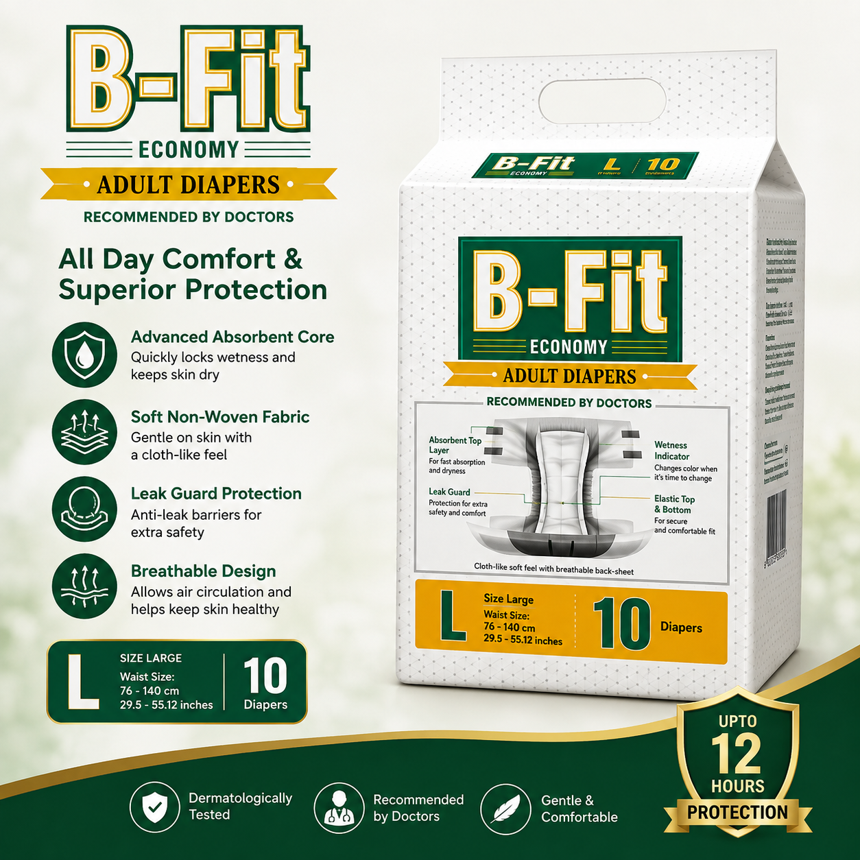 B-Fit Economy Adult Diapers – Large (L) | 10 Diapers